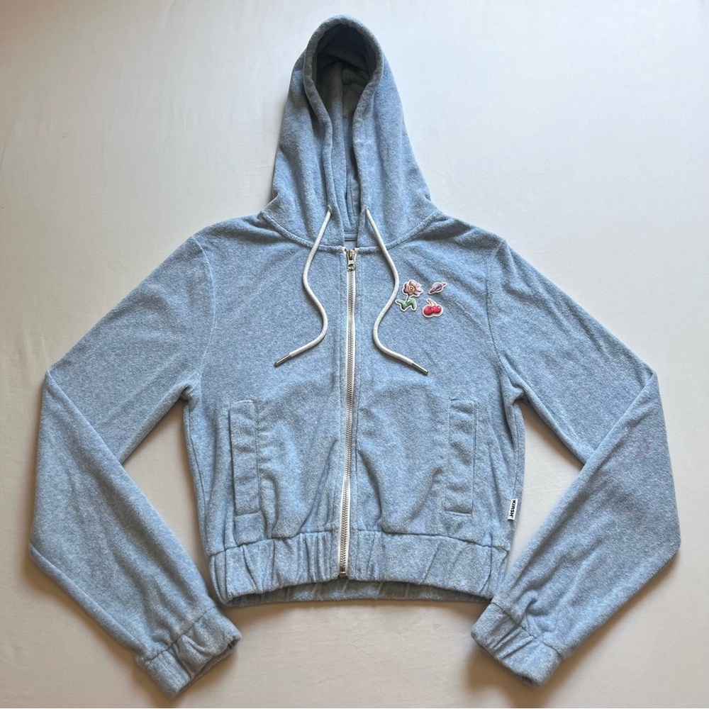 KIRSH‎ light blue terry cloth knit patch cherry floral zip up hoodie sweater